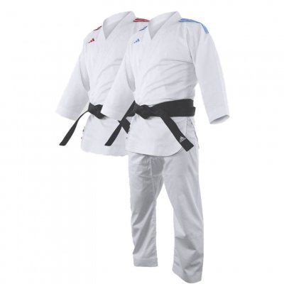 Adidas Adizero 2.0 Kumite Karategi Kit with double red and blue jacket.
