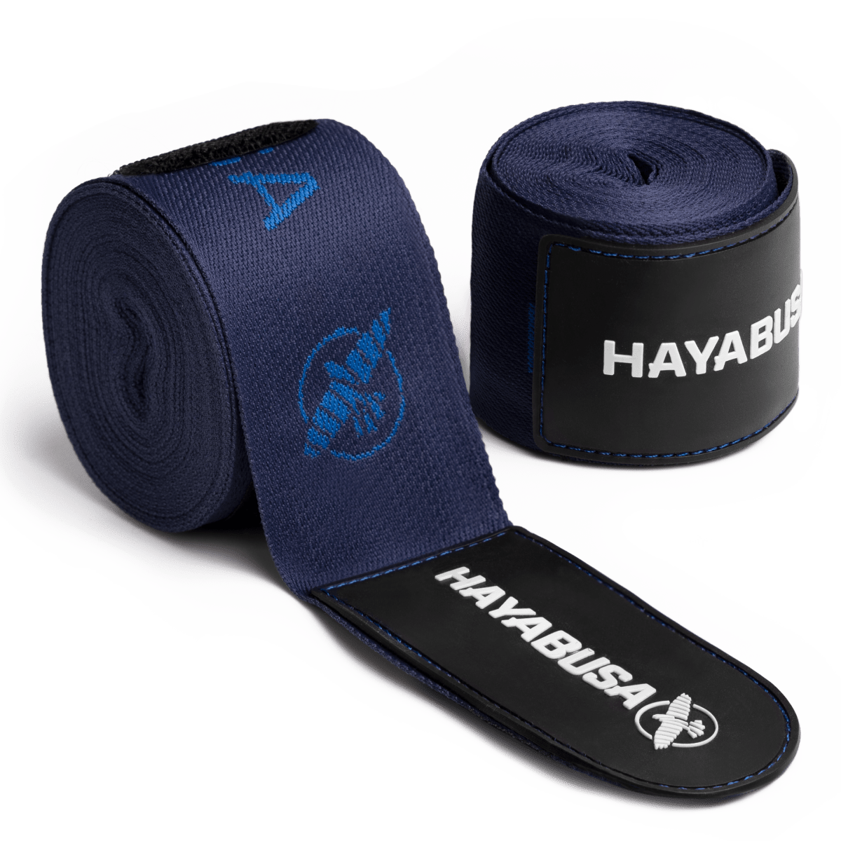 Coppia di bende da boxe blu Hayabusa Deluxe arrotolate con logo in evidenza