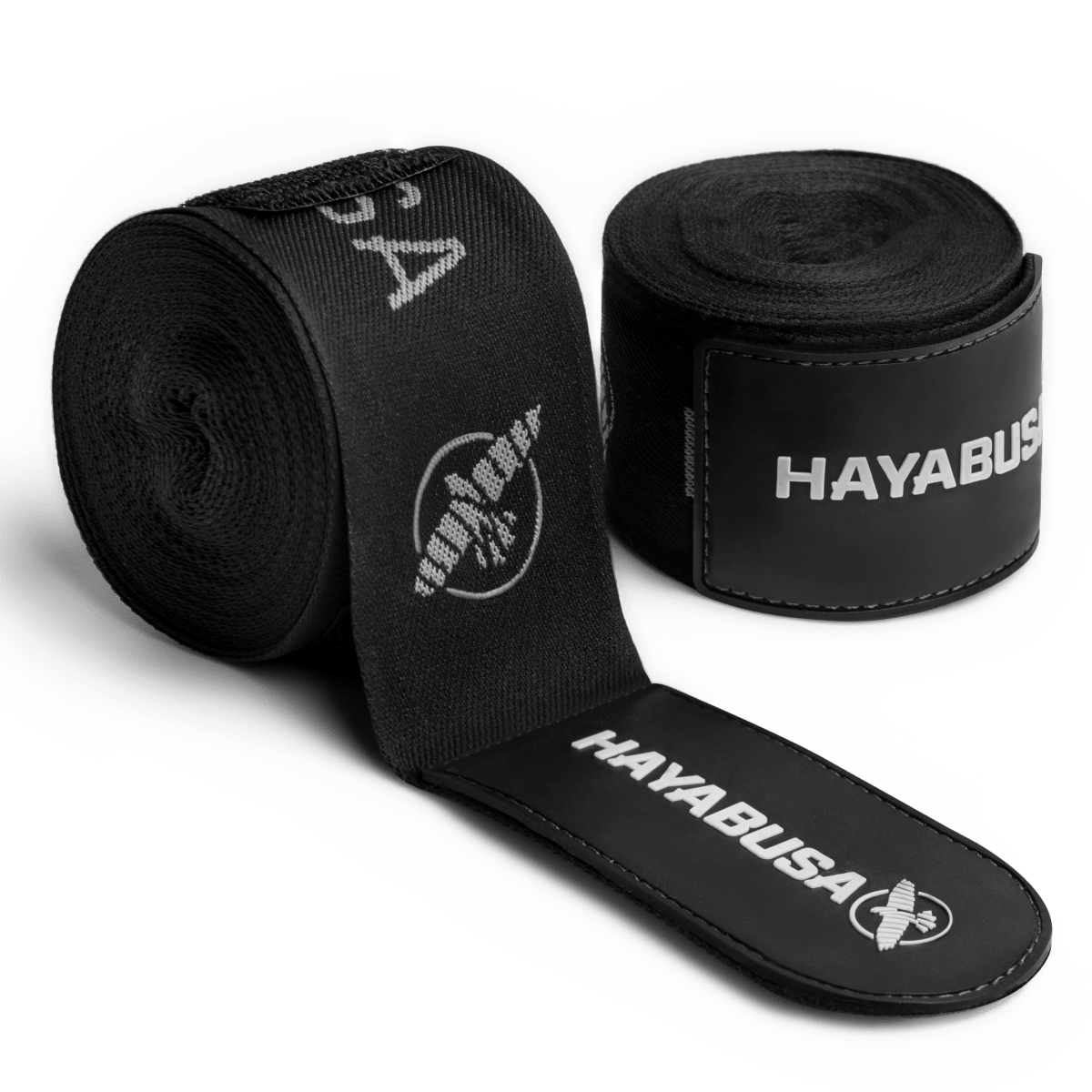 Coppia di bende da boxe Hayabusa Deluxe nere arrotolate con chiusura in gomma rinforzata
