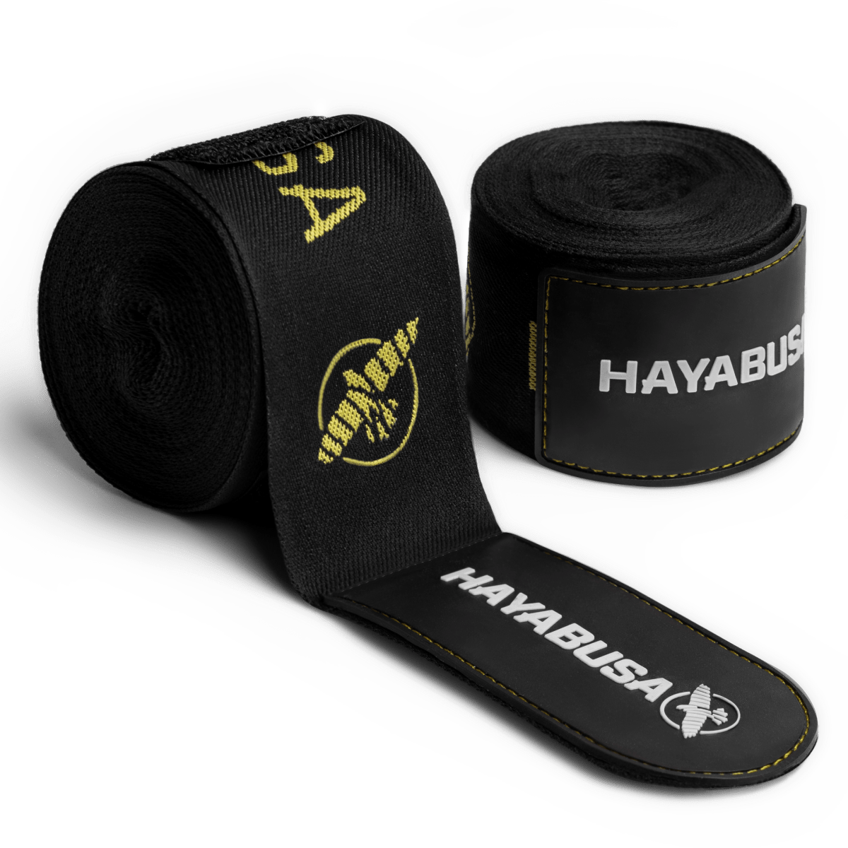 Coppia di bende da boxe Hayabusa Deluxe nere con dettagli e loghi color oro arrotolate