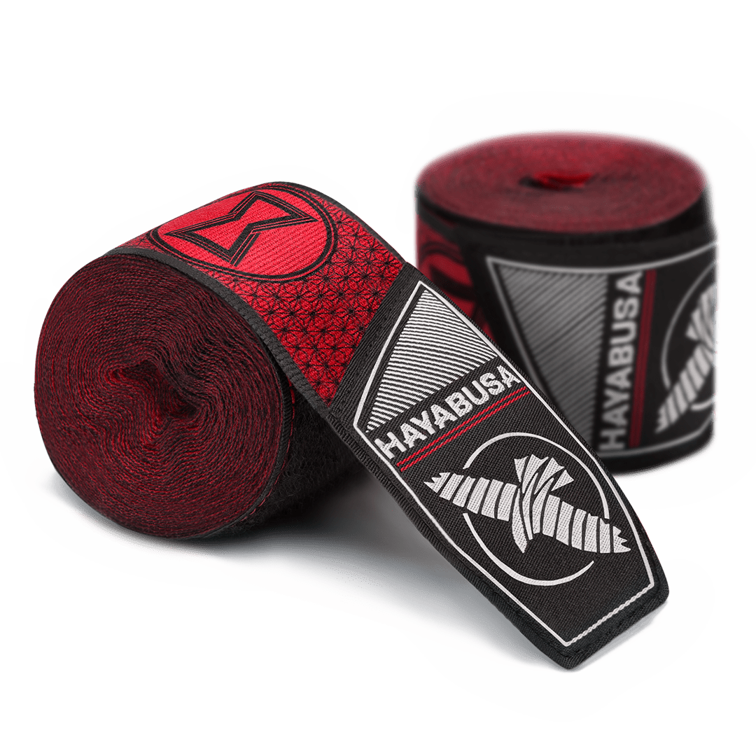 Par de vendas enrolladas Hayabusa Marvel Hero Elite Black Widow con logotipo de reloj de arena rojo