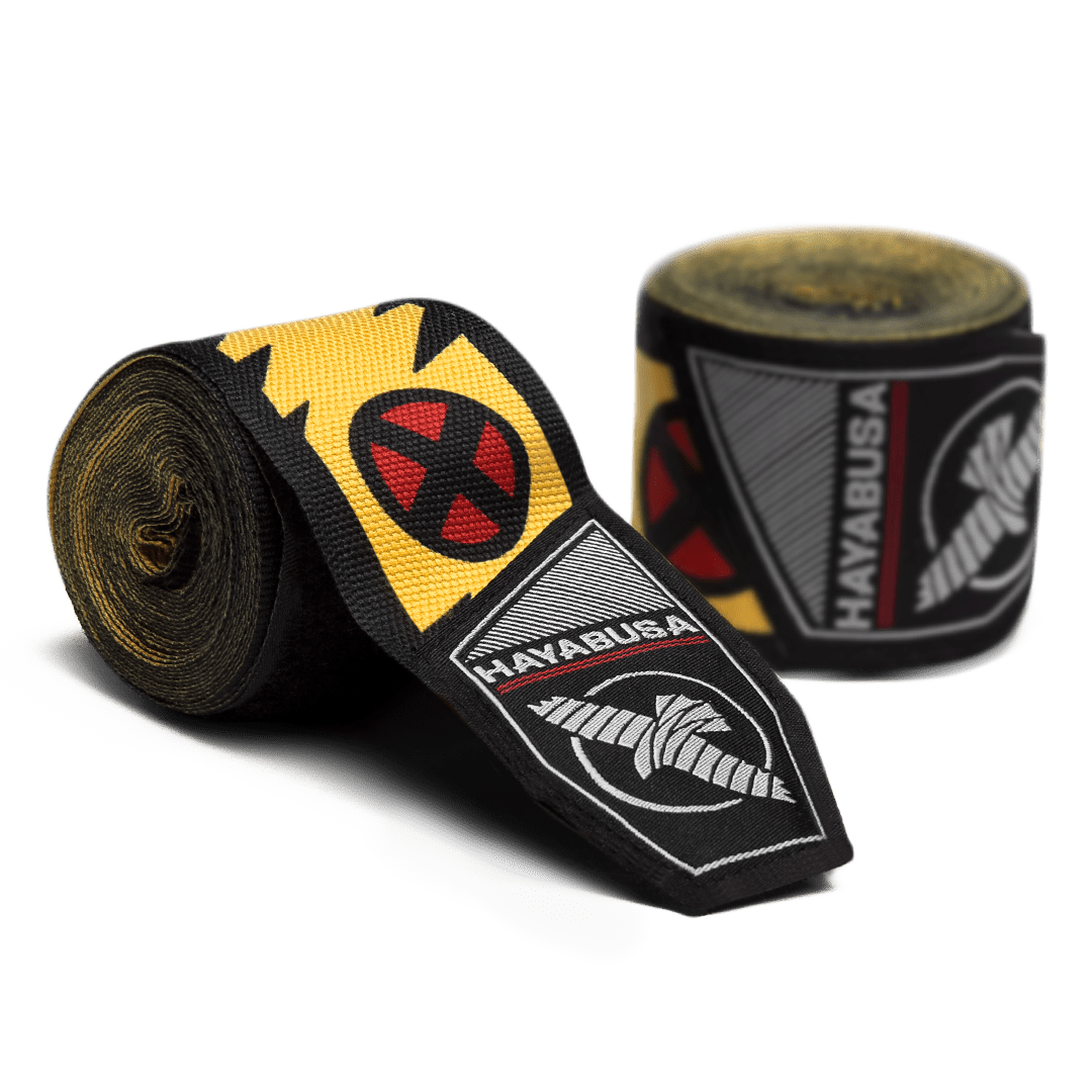 Par de vendas enrolladas Hayabusa Marvel Hero Elite Wolverine con detalles de garras y colores amarillo/azul