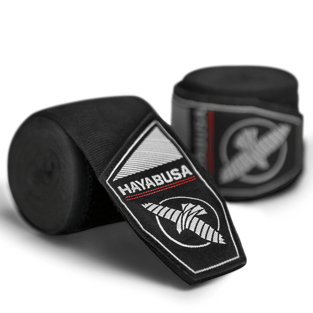 Coppia di bende da boxe nere Hayabusa Perfect Stretch Youth arrotolate per bambini