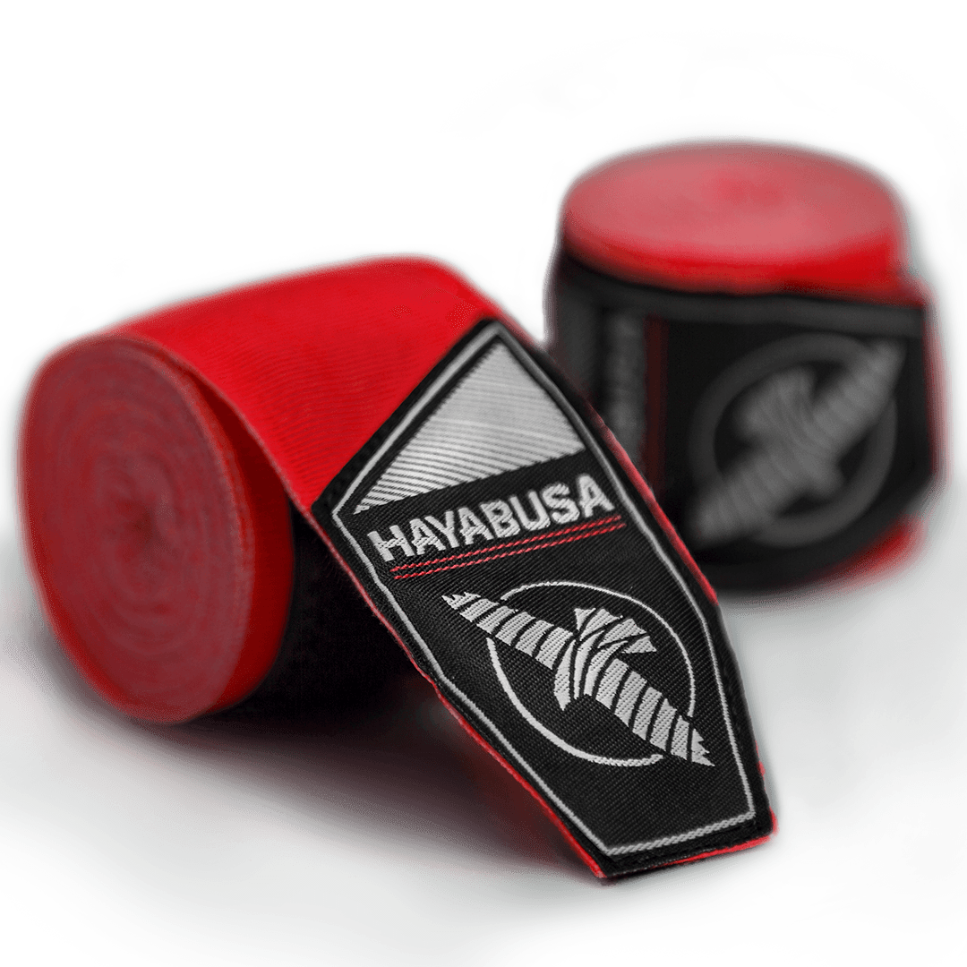 Coppia di bende da boxe rosse Hayabusa Perfect Stretch Youth arrotolate per piccoli atleti
