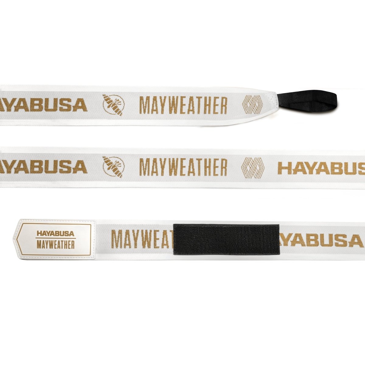 Vendas de boxeo Mayweather Deluxe blancas y doradas desenrolladas mostrando el tejido técnico de nailon
