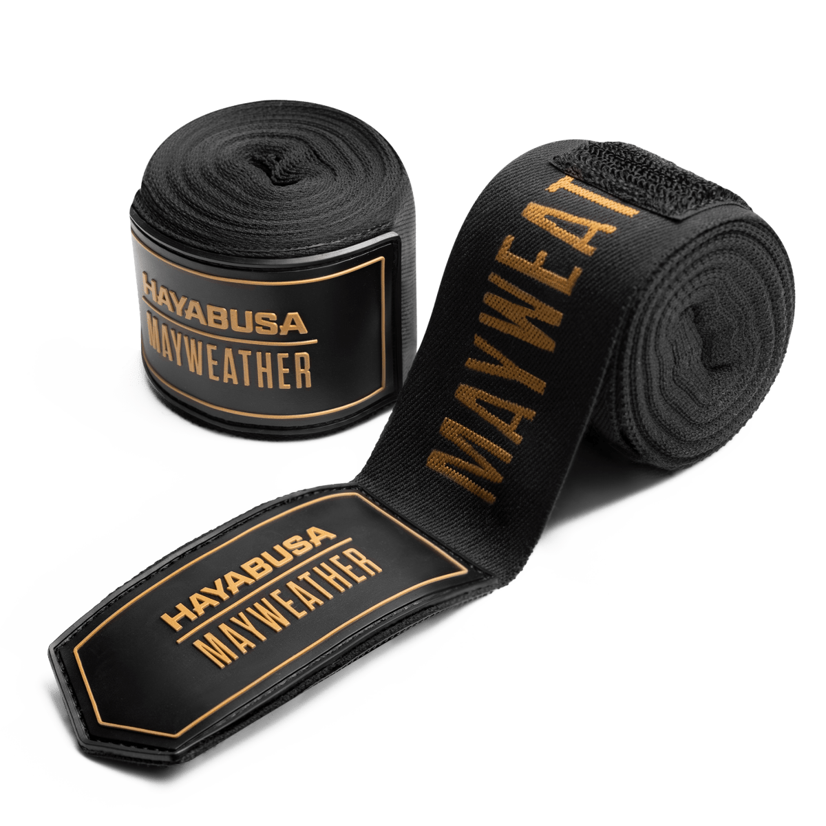 Par de vendas de boxeo enrolladas Mayweather de lujo de 180 pulgadas en negro y dorado, vista principal