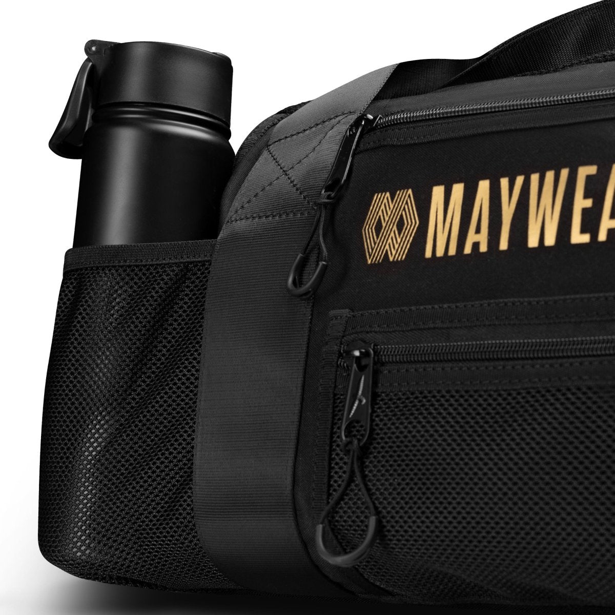 Detail of the external mesh water bottle pocket of the Mayweather Mesh bag