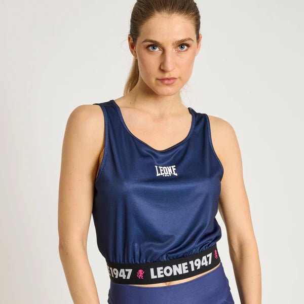 Blaues, kurz geschnittenes Damen-Tanktop LEONE Stripe '47 mit originellen Sportgrafiken
