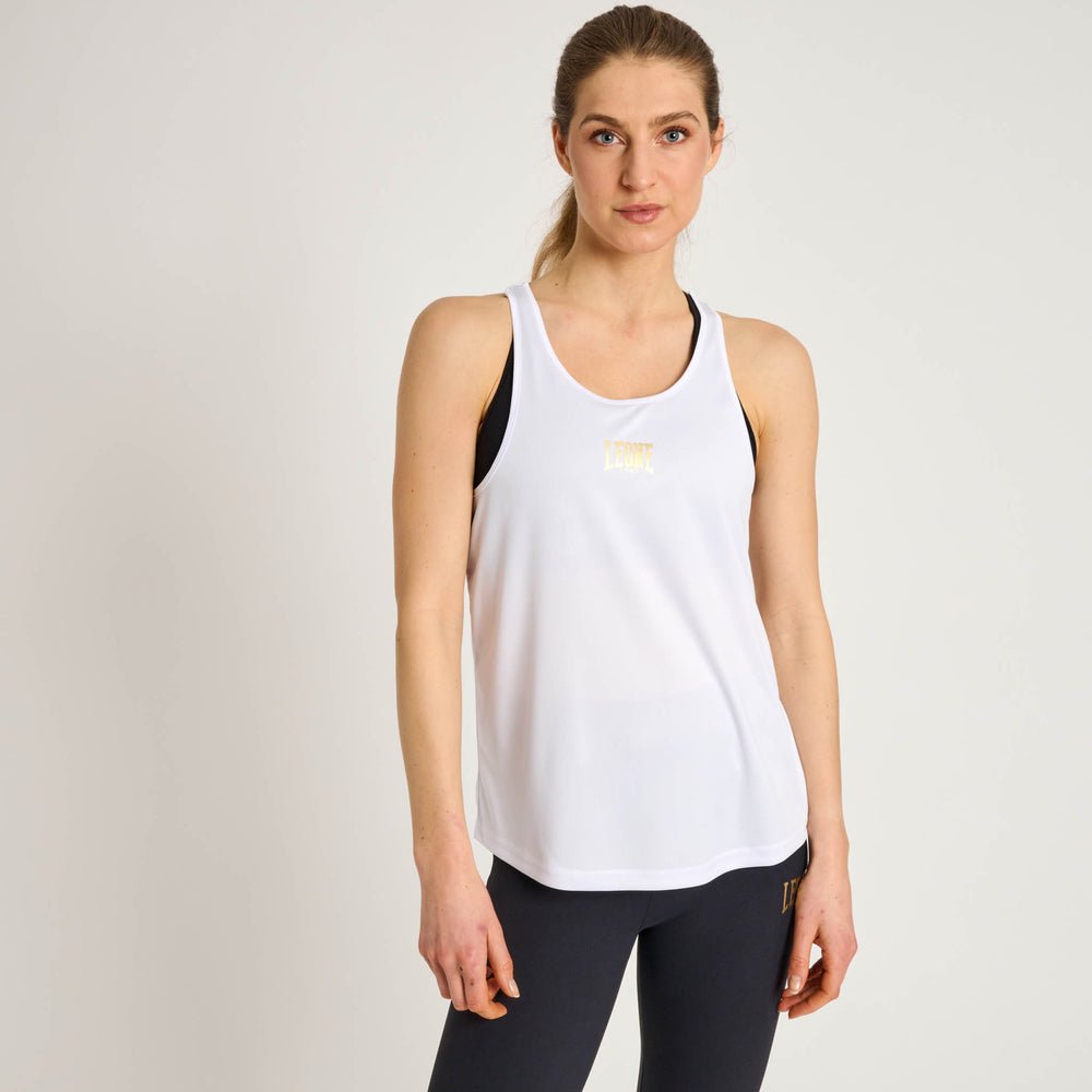 Weißes Leone-Damen-Tanktop mit goldenem Logo. Getragen