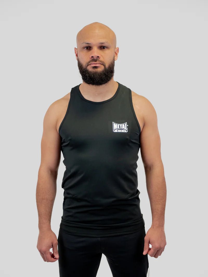 Vista frontal de la camiseta técnica de tirantes negra Metal Boxe BF en Lycra para Boxeo Francés