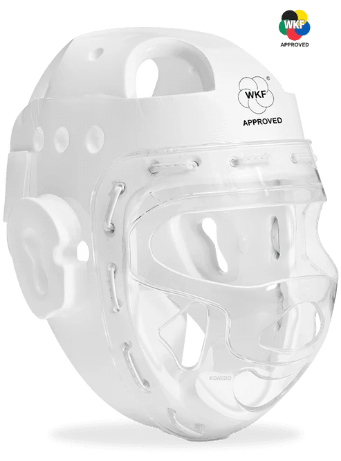 Casco Karate Daedo homologado WKF con visera transparente para la categoría Sub 14, vista frontal.