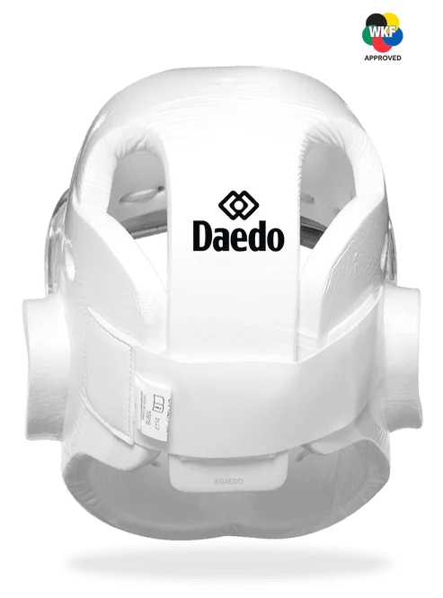 Cierre de velcro trasero ajustable del casco Daedo para un ajuste seguro durante las competiciones de Karate.