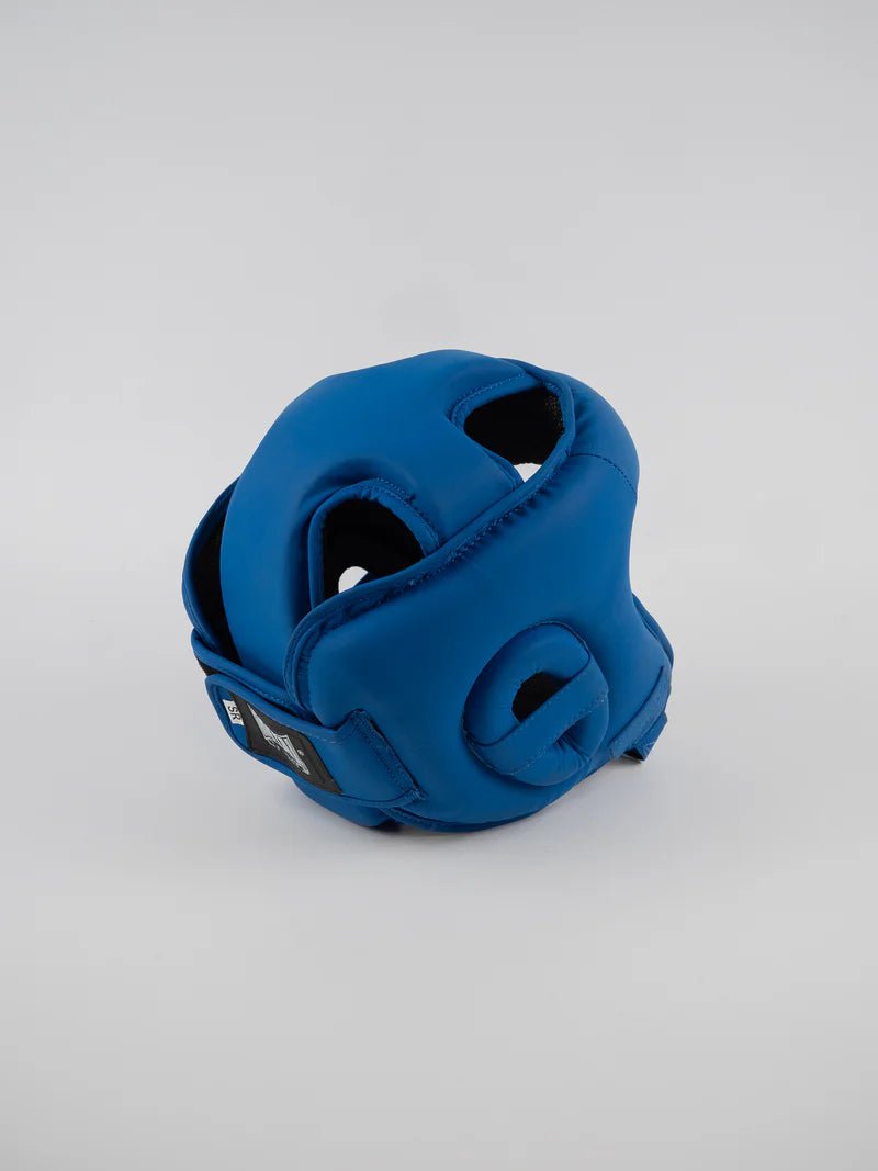 Rückansicht des blauen Metal Boxe Competition Helms mit Klettverschlusssystem
