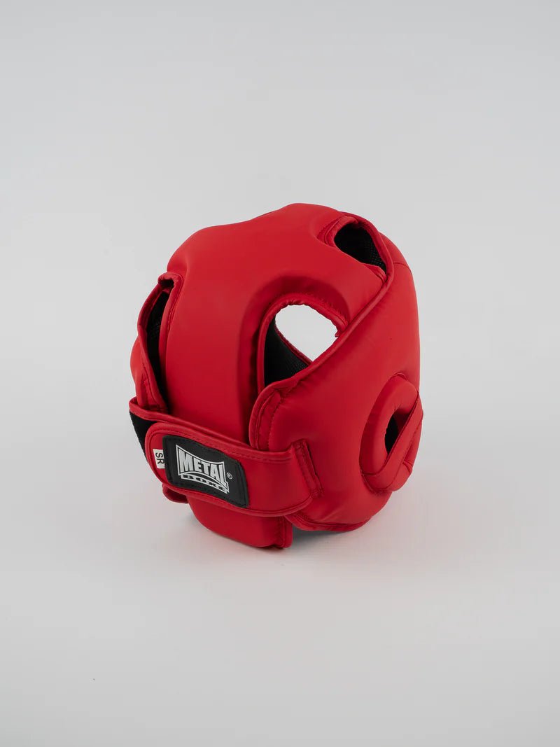 Rückansicht des roten Metal Boxe Competition Helms mit sicherem Verschluss