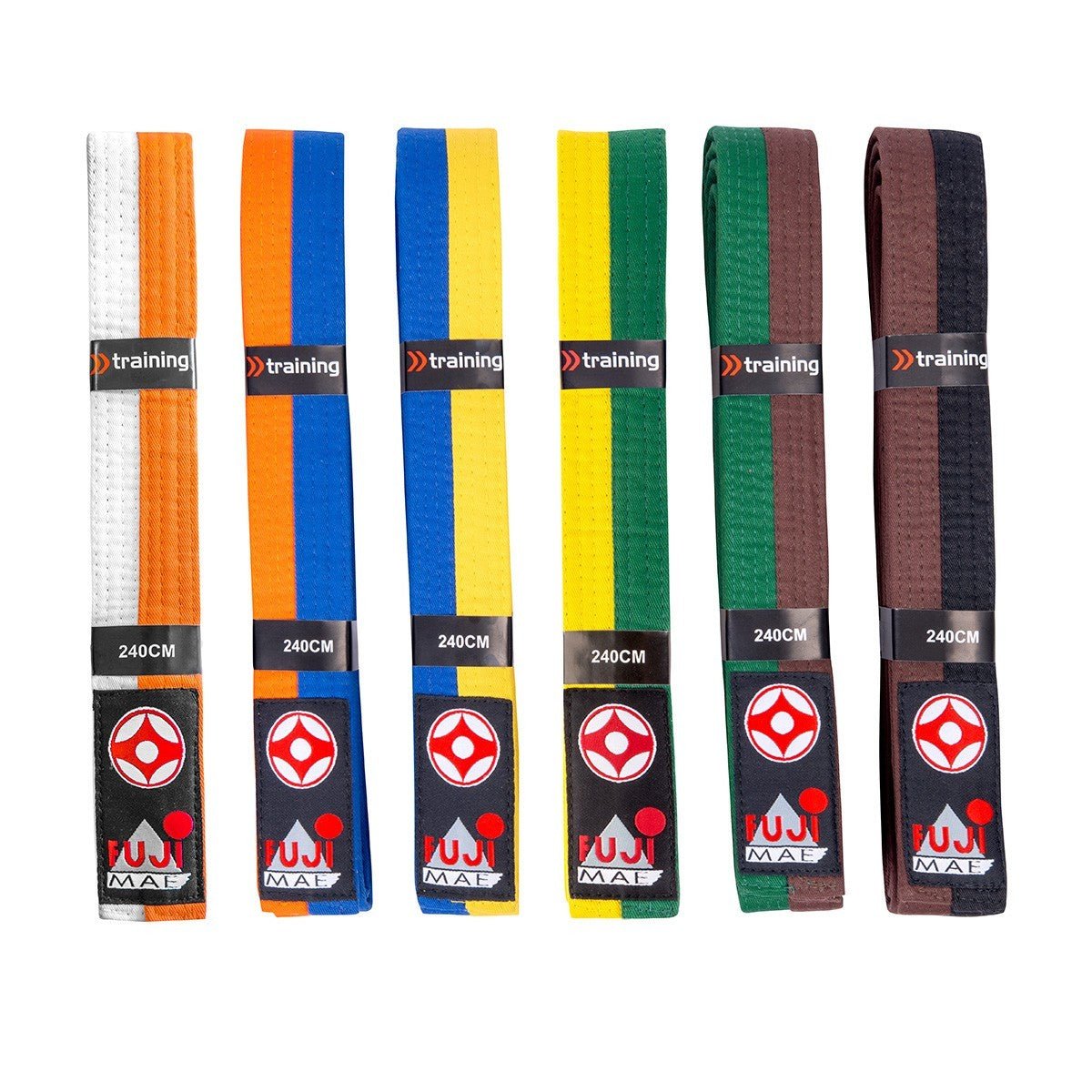 Variedade de cintos Kyokushin bicolores para adultos e crianças em diferentes tamanhos