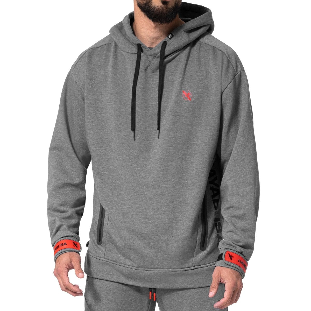Vorderansicht des dunkelgrau melierten Hayabusa Midweight Pullover-Kapuzenpullovers mit verstellbaren Bündchen und technischen Taschen
