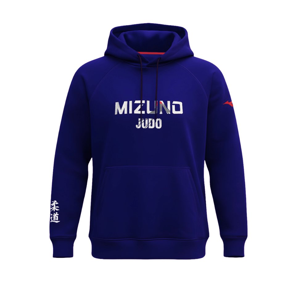 Sudadera temática Mizuno Fuji Judo azul con bolsillo canguro.