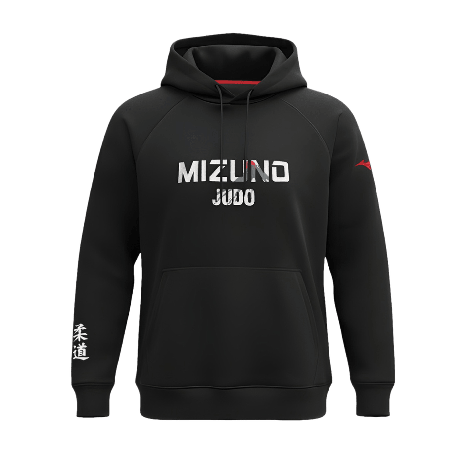 Sudadera Mizuno Fuji Judo con capucha negra y logos blancos.