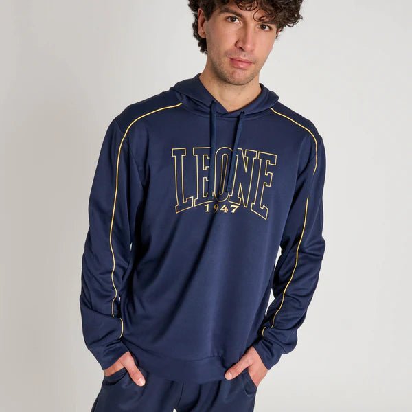 Vorderansicht des technischen Sweatshirts der Linie Leone 1947 DNA mit blauer Kapuze