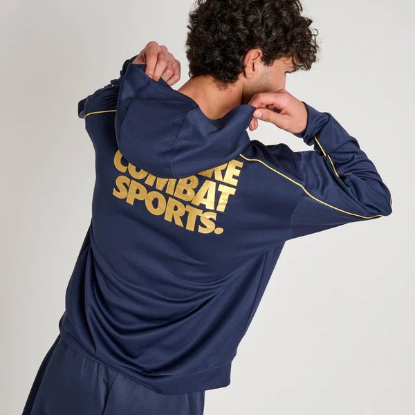 Rückansicht des technischen Sweatshirts der Linie Leone 1947 DNA mit blauer Kapuze