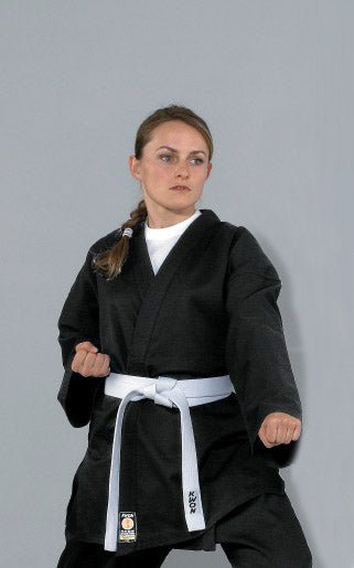 Worn 8 oz black Karate jacket, classic long cut for martial arts
