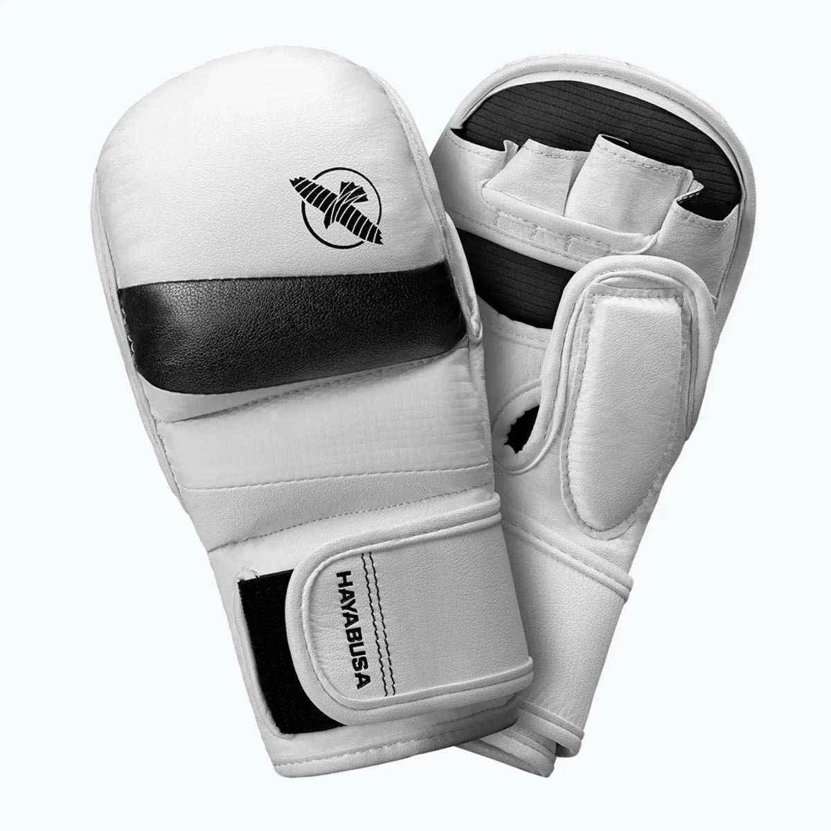 Hayabusa T3 Hybrid 7oz white MMA gloves, modern and technical design for striking and wrestling training.