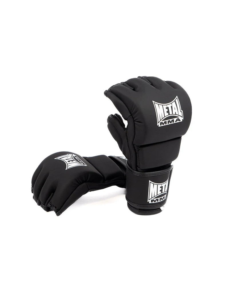 Vista frontal Luvas pretas MMA Metal Boxing The Claw, design anti-colchão pré-moldado