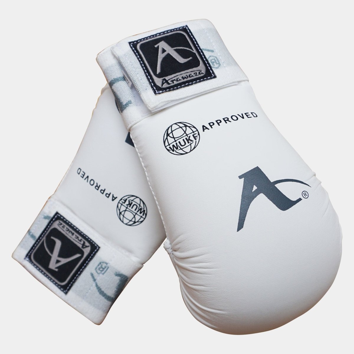 WUKF approved white Arawaza karate gloves front view