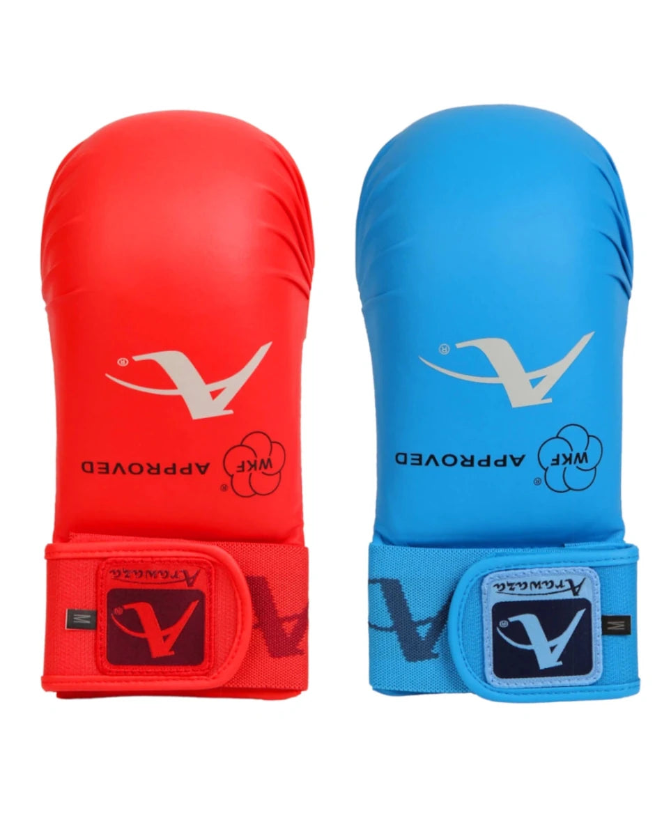Pair of WKF approved Karate Arawaza WKF Kumite gloves in the official red and blue colors for competitions