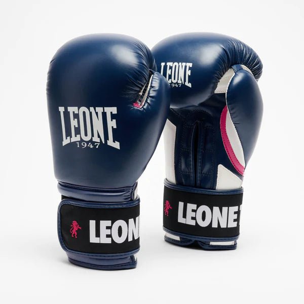 Par de luvas de boxe LEONE Stripe '47 azuis com detalhes gráficos contrastantes