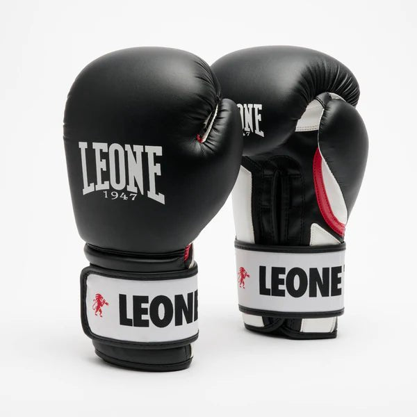 Pair of black LEONE Stripe '47 boxing gloves with iconic white graphics