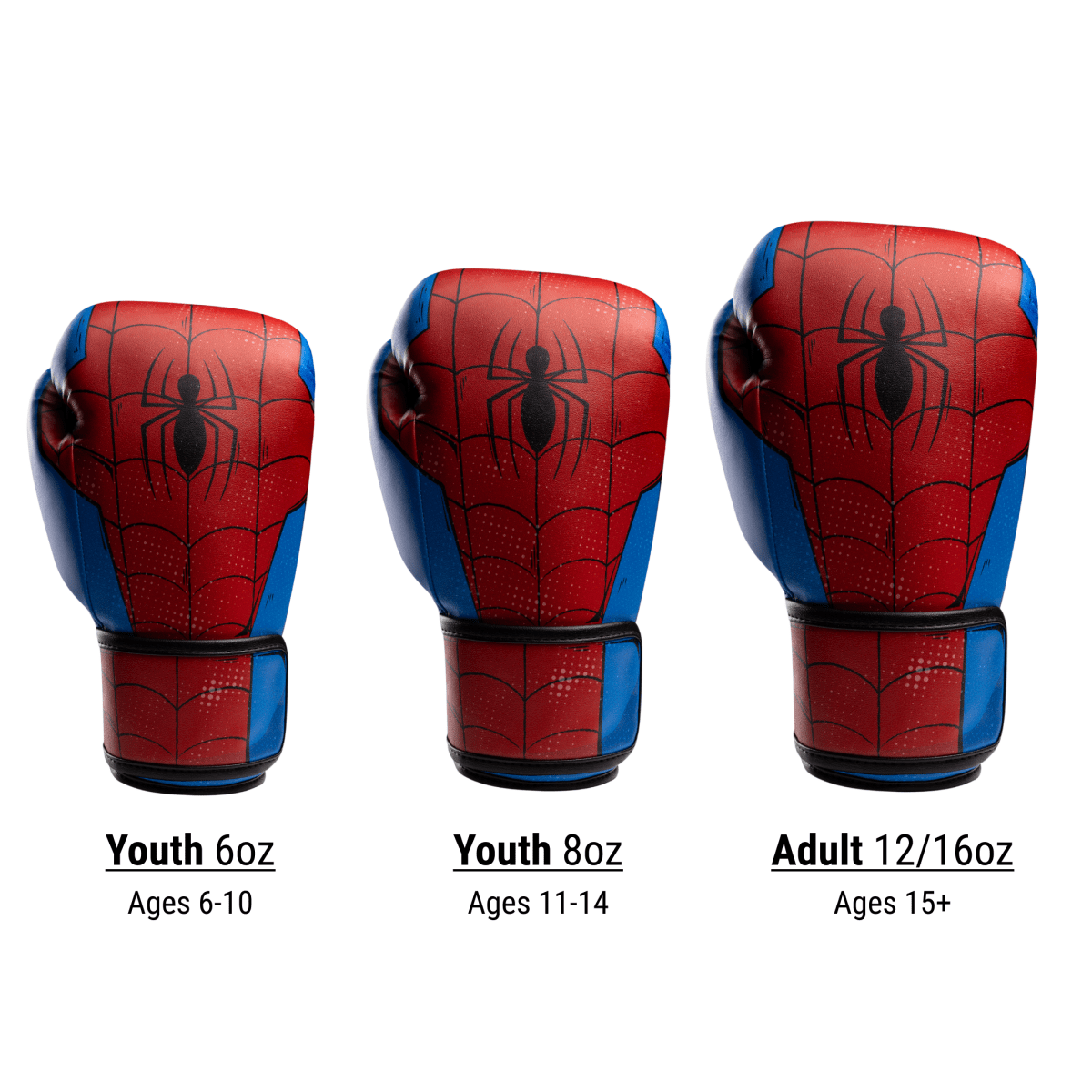 Tableau des tailles des gants Spider-Man divisé en tailles enfants et adultes
