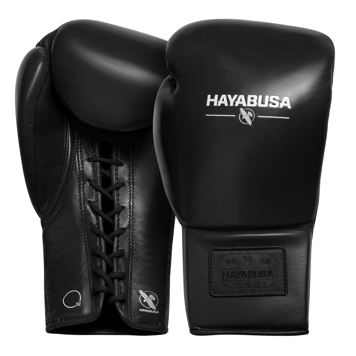 Par de guantes de boxeo Hayabusa Pro Lace negros, vista general con bolsa de microfibra