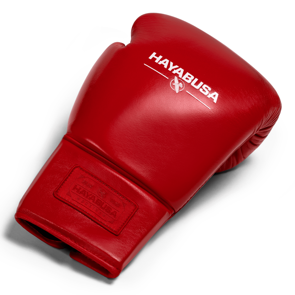 Vista superior de un solo guante de boxeo Hayabusa Pro Lace rojo, que muestra el acolchado y el cuero de plena flor.