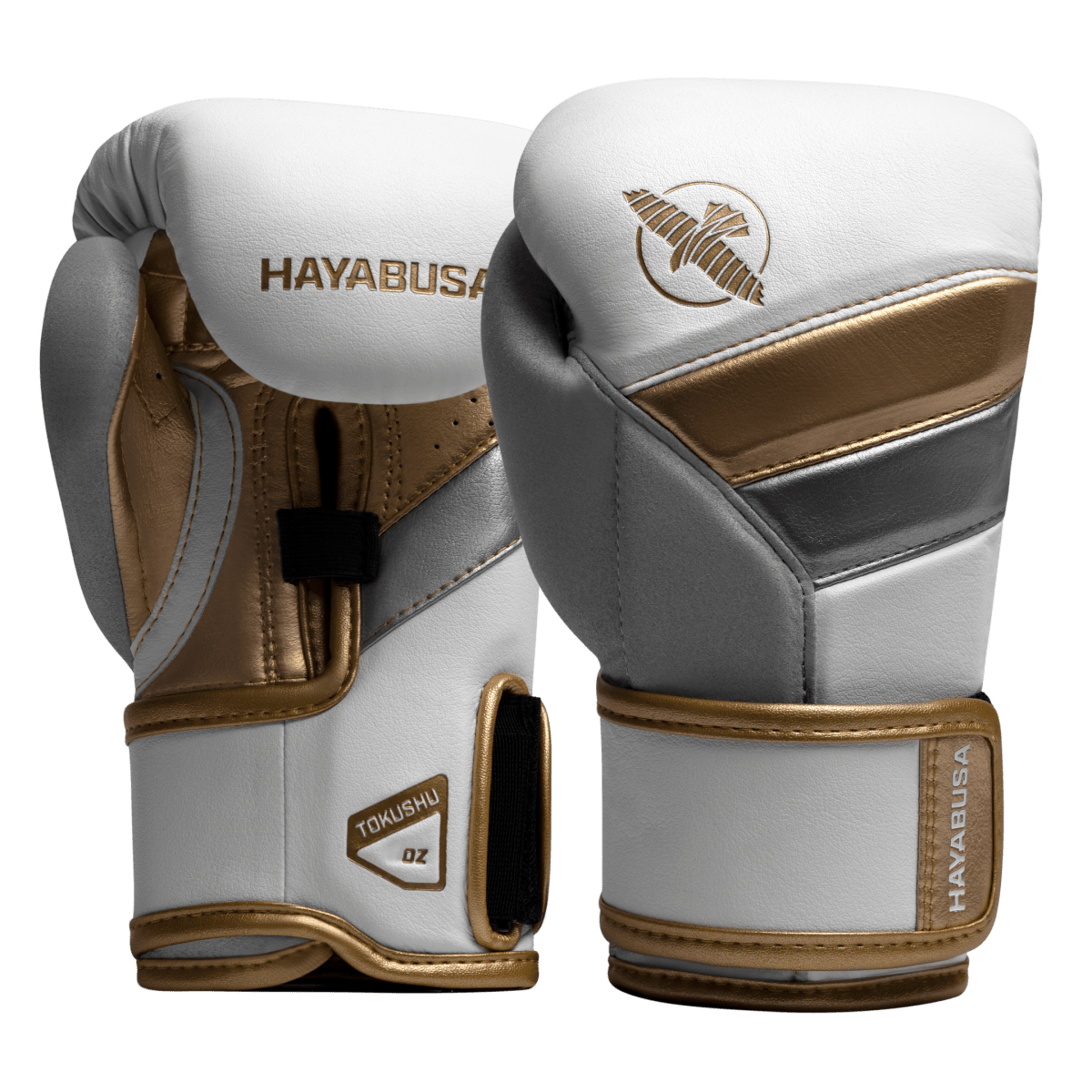 Par de luvas brancas com acabamento dourado Hayabusa T3 para pequenos atletas