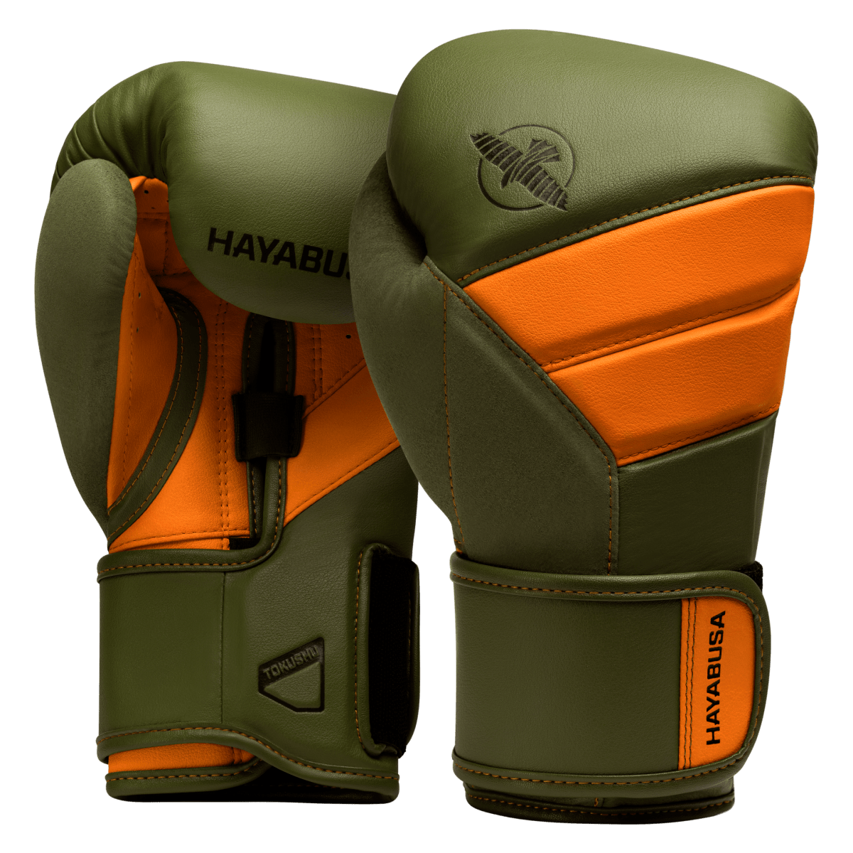 Guantoni Hayabusa T3 verde scuro con inserti arancioni.