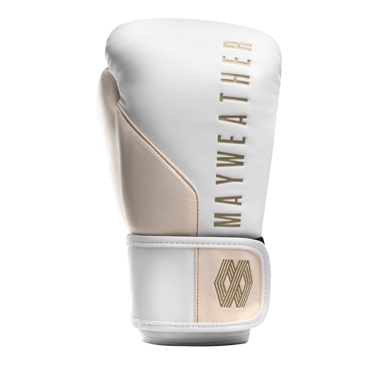 Detalle del sistema de cierre Dual-X y soporte de muñeca Triple-Splint de los guantes Mayweather Champ en oro blanco