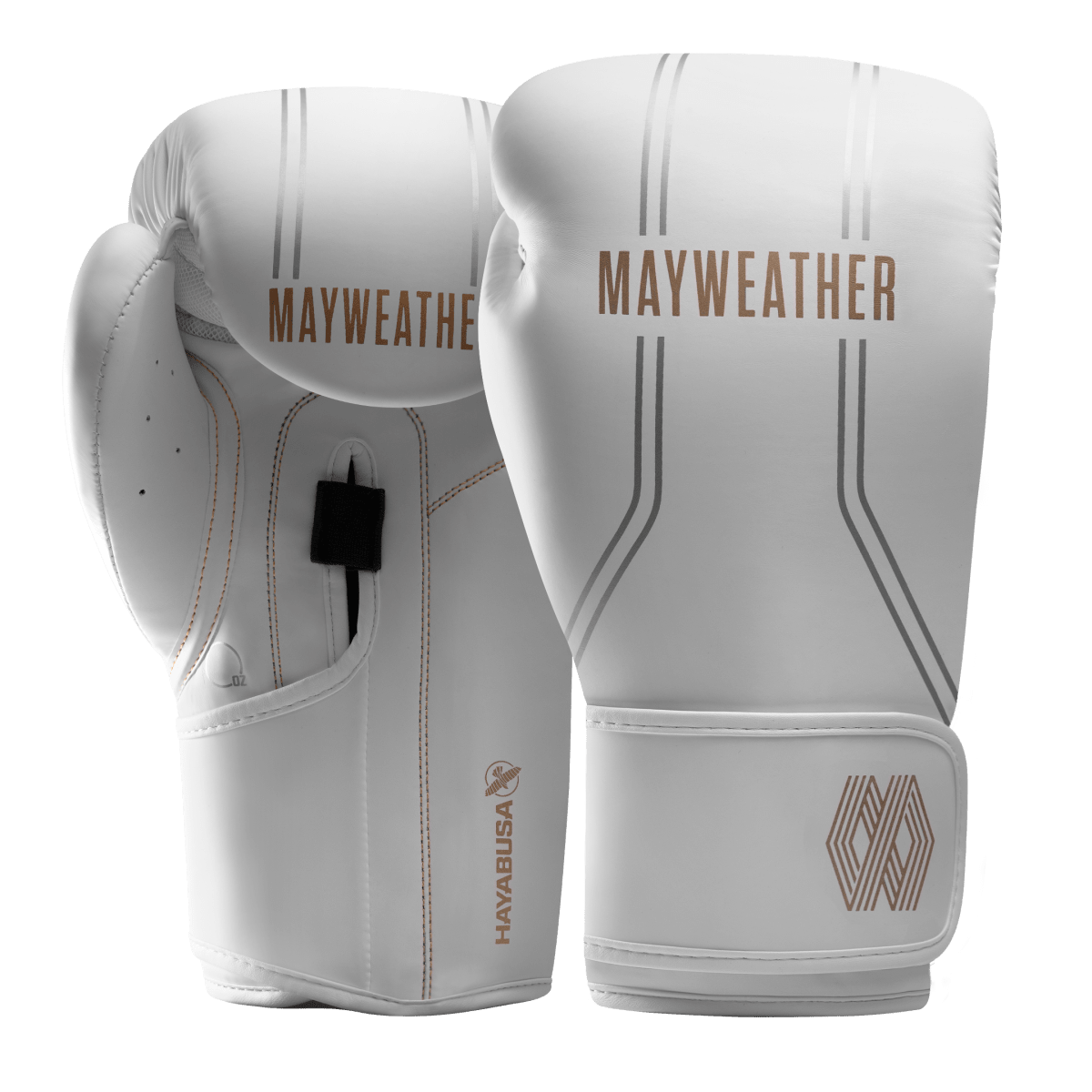 Par de luvas de boxe Mayweather Hayabusa Contender brancas e douradas, vista frontal