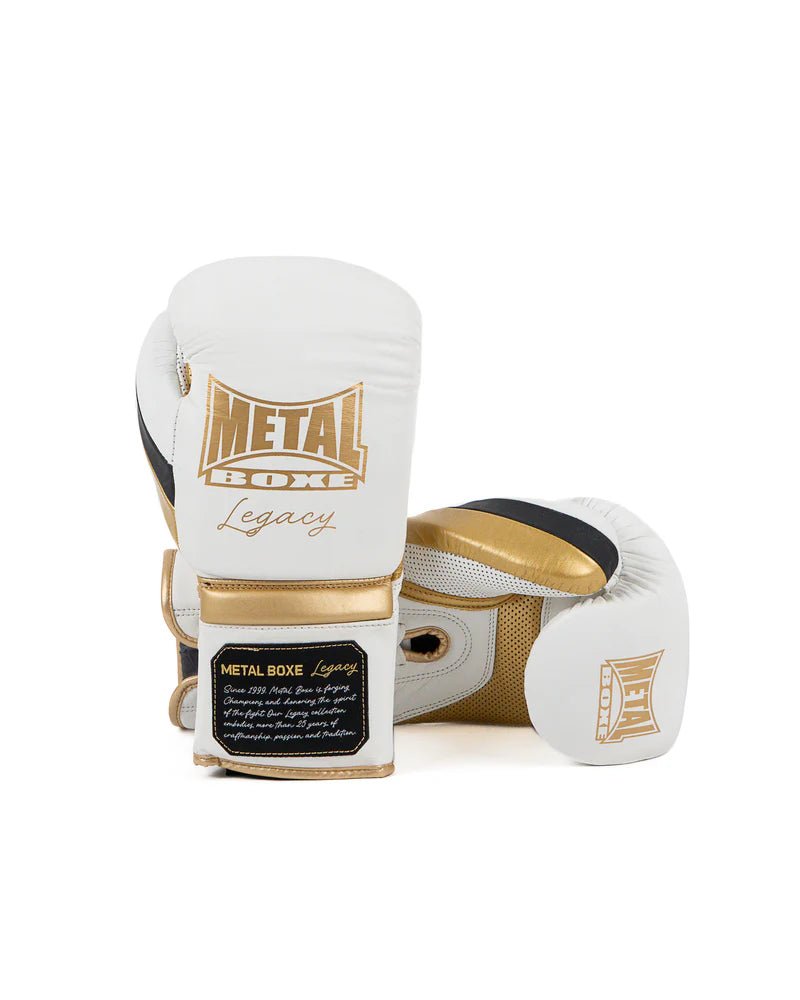 Par de luvas brancas de metal Boxing Legacy, design artesanal com atacadores