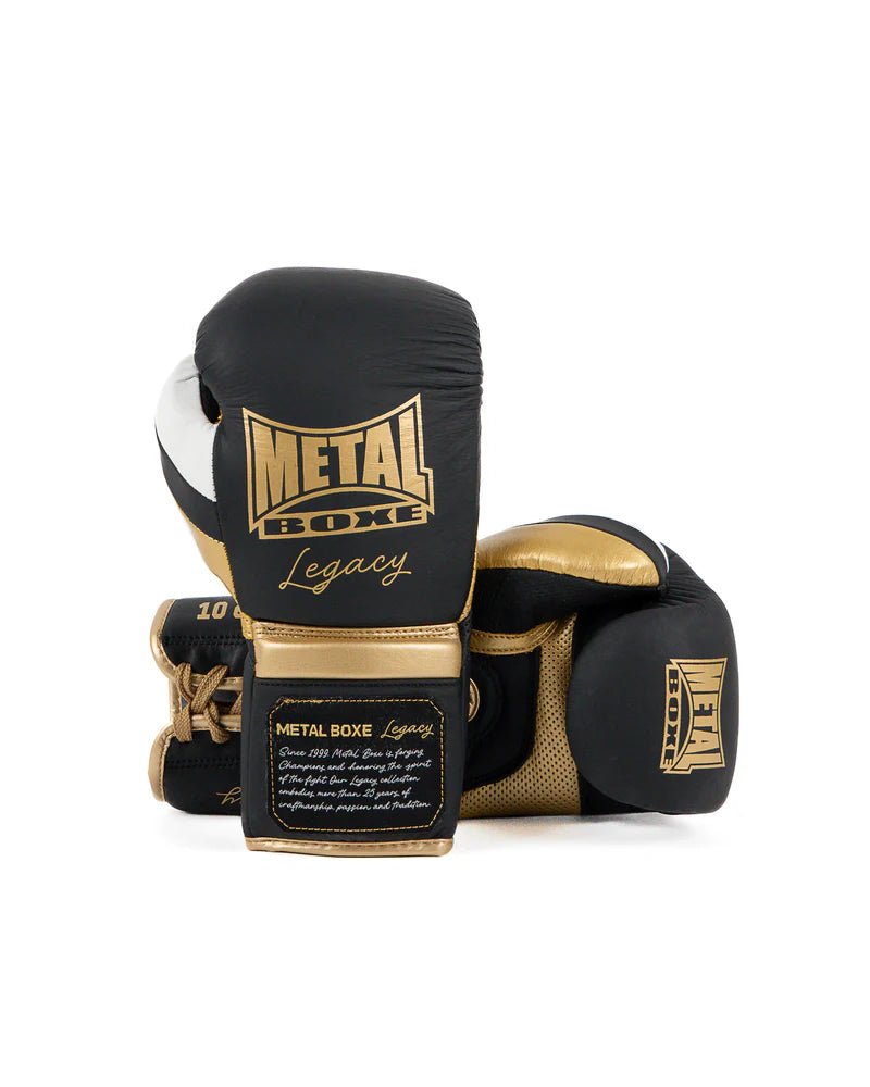 Par de luvas pretas de metal Boxing Legacy, fecho de renda profissional