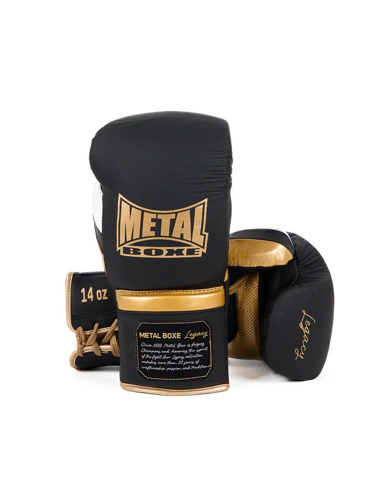 Par de luvas pretas de Metal Boxing Legacy Sparring, proteção profissional com atacadores