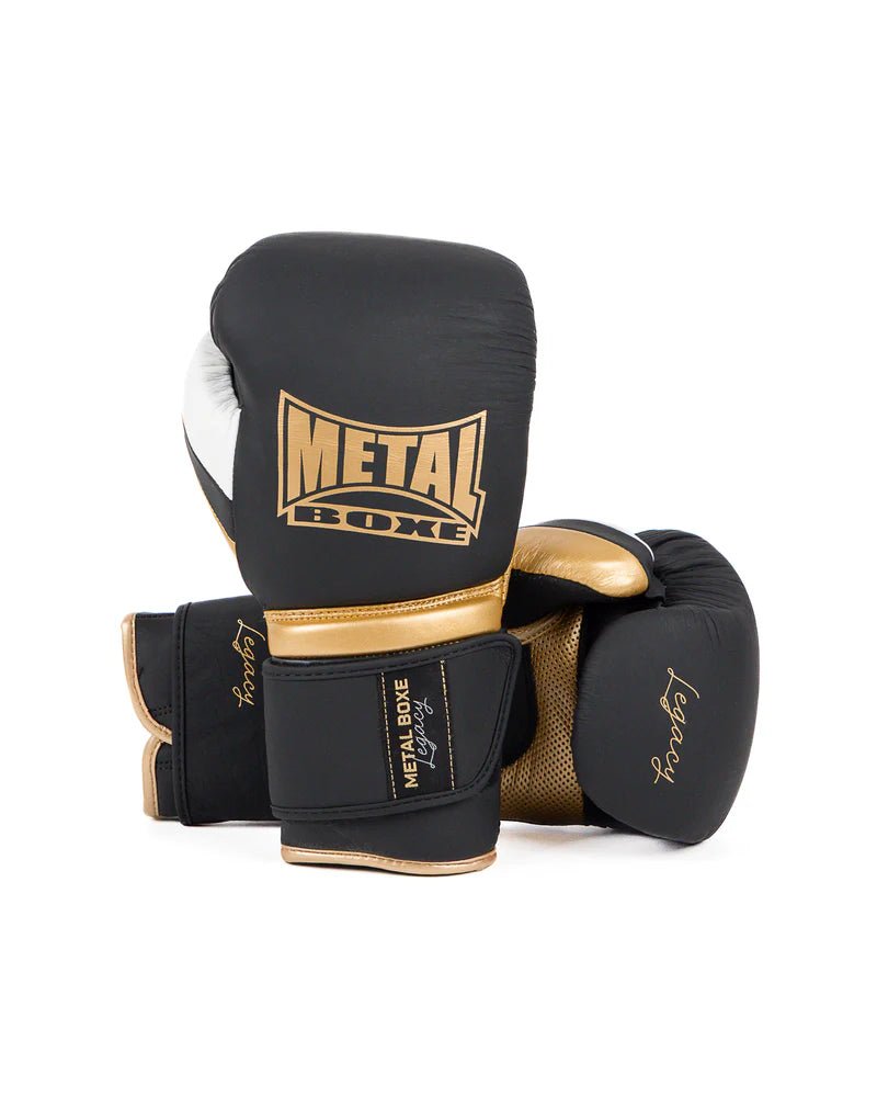 Par de luvas pretas de metal Boxing Legacy Sparring com fecho de velcro profissional