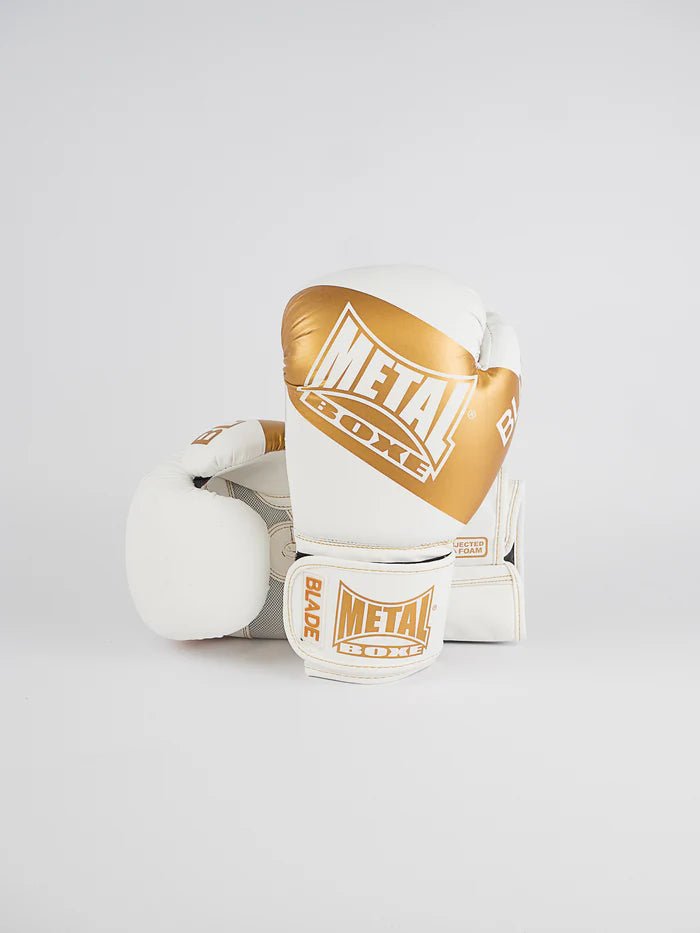 Front view of the white and gold Metal Boxing Blade gloves