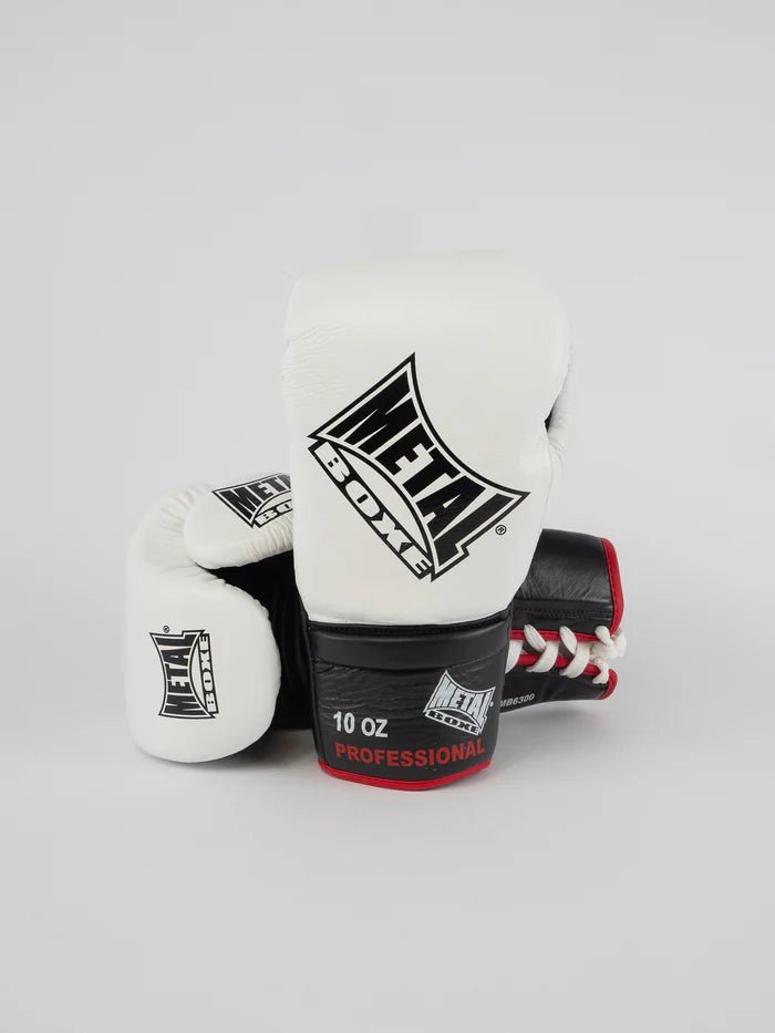 Vista frontal das luvas profissionais brancas Metal Boxing Pro Sirius