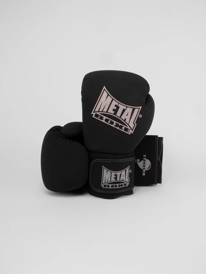 Front view of black washable microfiber Metal Boxing gloves