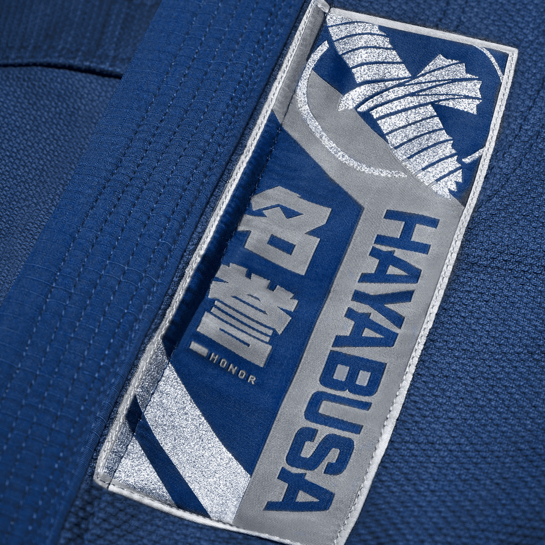 Detail of the Hayabusa writing and kanji symbols on the navy blue kimono