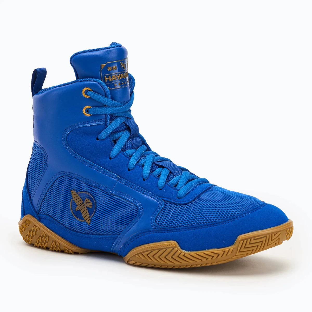 Hayabusa Pro blaue Boxschuhe von vorne für explosive Beinarbeit.