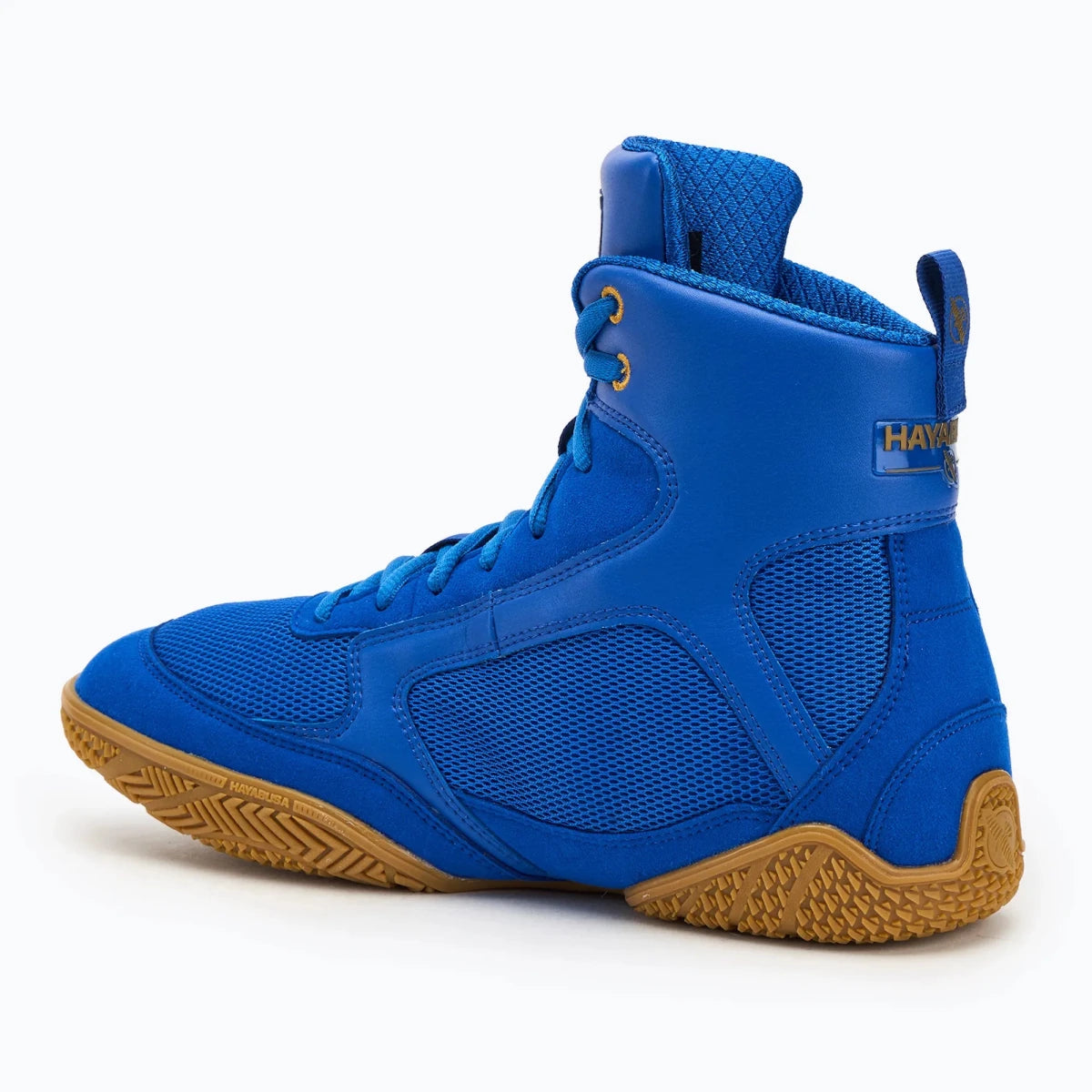 Blaue Hayabusa Pro-Boxschuhe aus atmungsaktivem Mesh in der Seitenansicht.