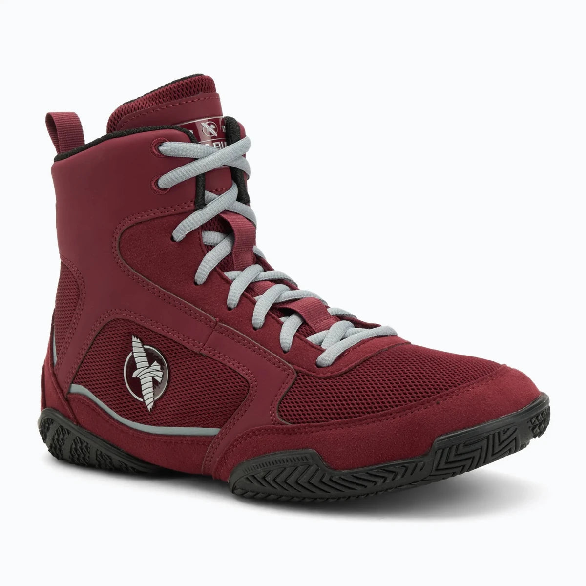 Burgunderfarbene Hayabusa Pro Boxschuhe im professionellen Stil, Vorderansicht.