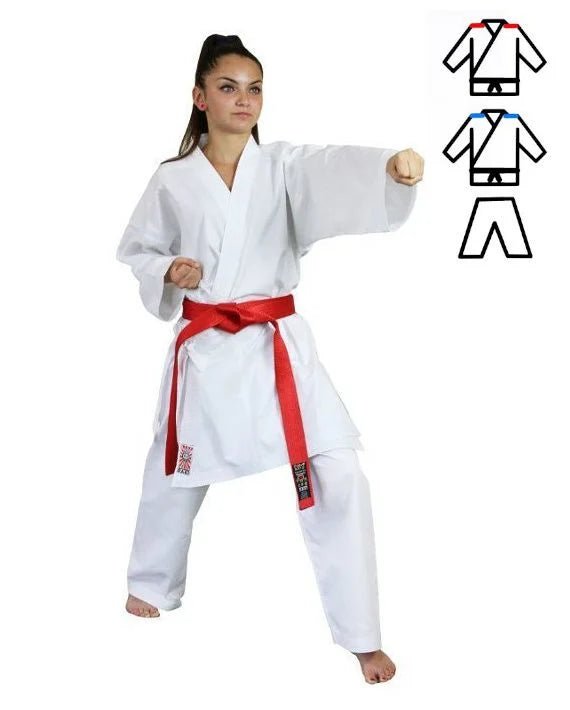 Conjunto Karategi Itaki Competición con doble chaqueta con bordado rojo y azul